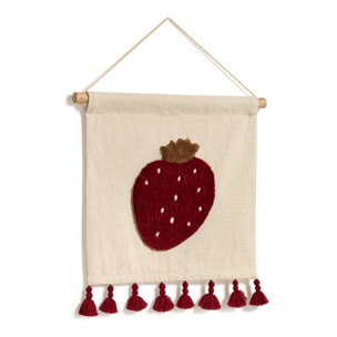 Kave Home - Arazzo da parete Amarantha 100% cotone bianco con fragola rossa e nappe rosse 40 x 40 cm