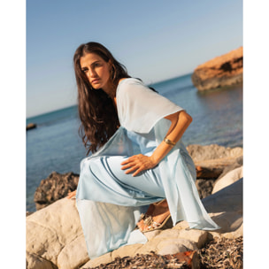 Vestido midi satinado con escote palabra de honor y capa de gasa multiposición