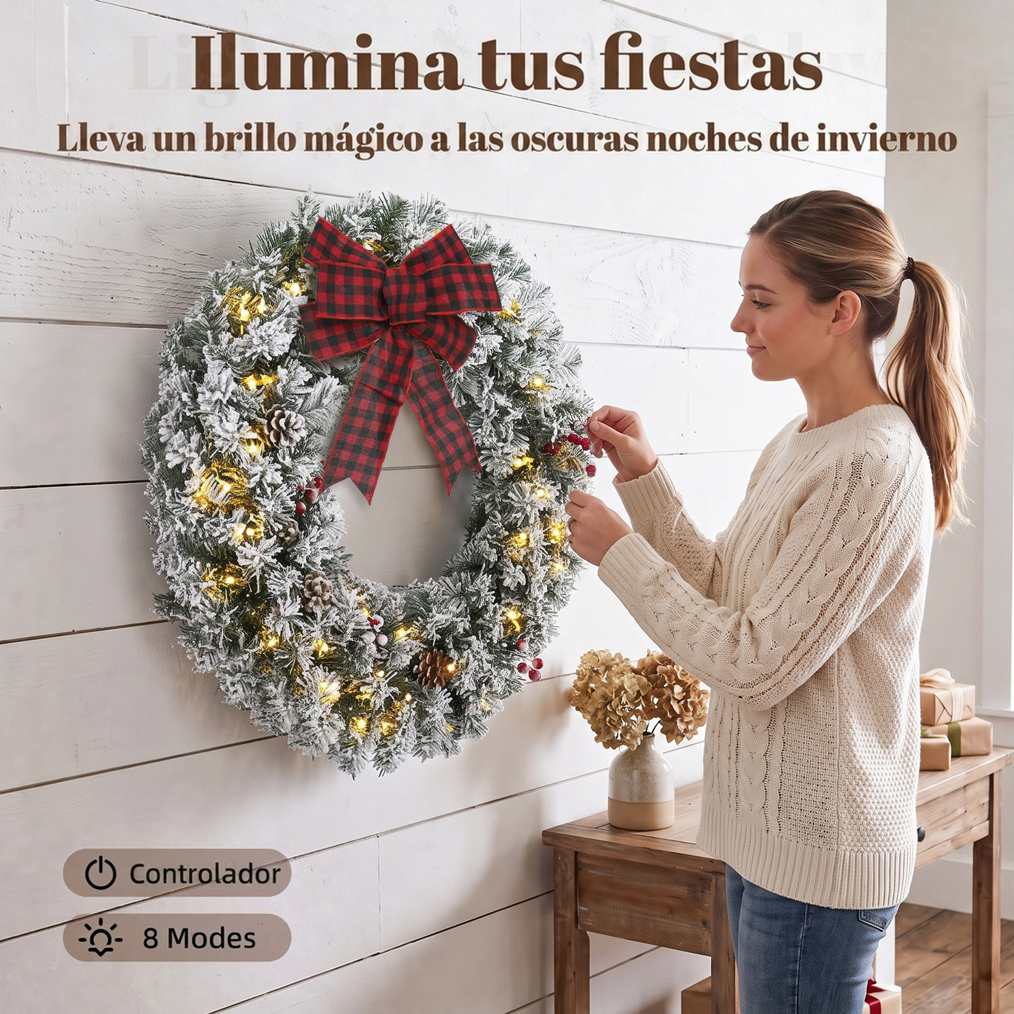 HOMCOM Corona de Navidad Puerta Efecto Nevado con 50 LED Luces, 8 Modos, Guirnalda de Navidad con Piñas, Bayas y Lazo Festivo, Corona Navideña Artificial, Decoración para Chimenea, Pared, Ventana
