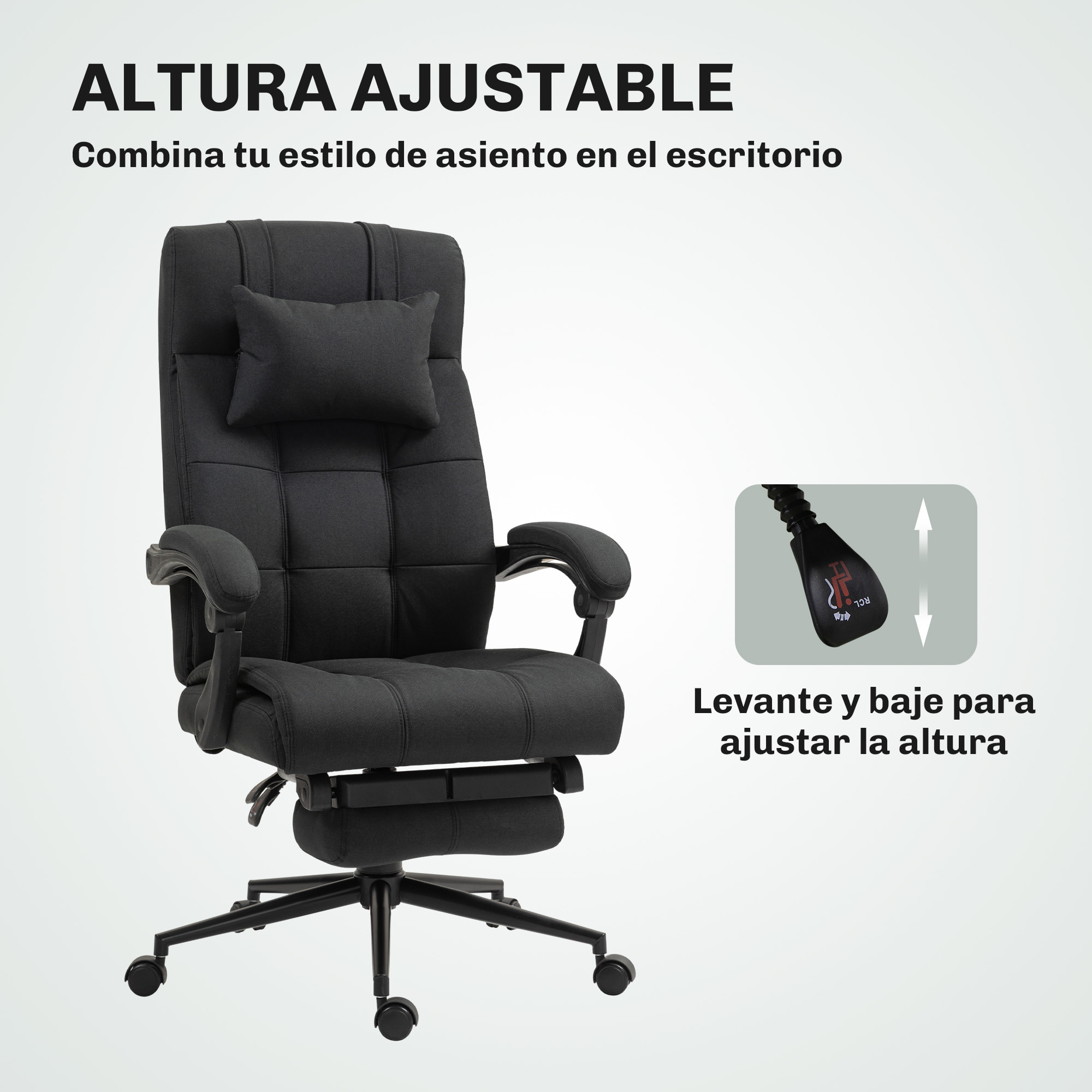 Silla de Oficina Reclinable Silla de Escritorio Giratoria Tapizado en Lino Sintético Altura Ajustable Reposapiés Reposacabezas y Reposabrazos Carga 150 kg para Estudio 66x76x112-120 cm Negro