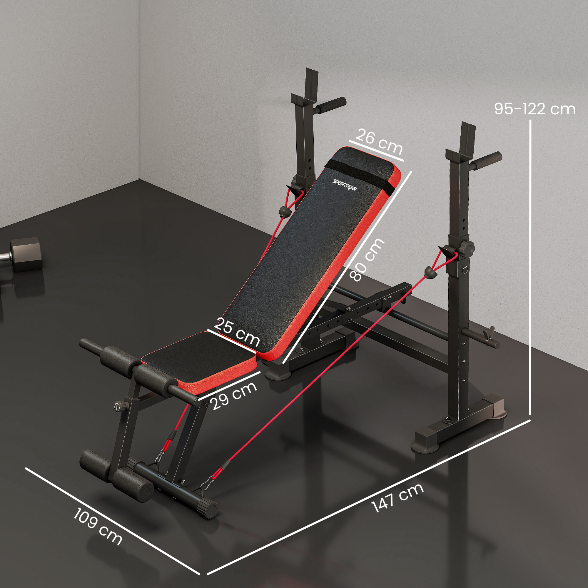 Banc de musculation réglable - support de barre, poignées à dips, bandes de résistance - rouge noir