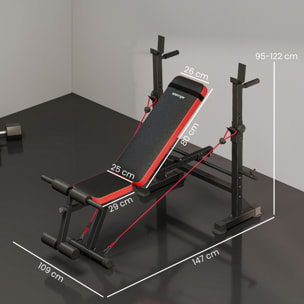 Banc de musculation réglable - support de barre, poignées à dips, bandes de résistance - rouge noir