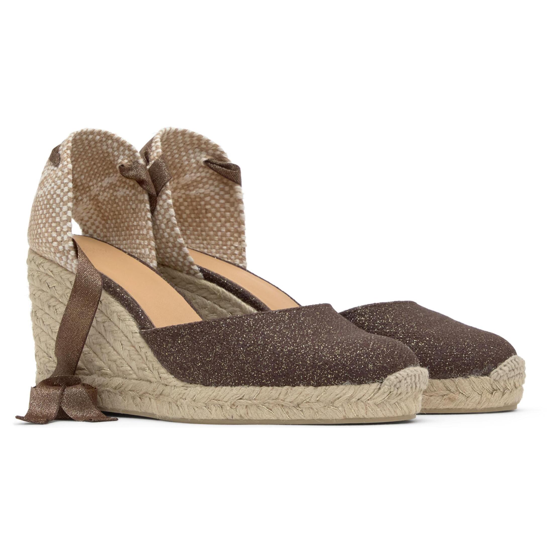 Alpargata de cuña Carina en lino metalizado con cierre de cintas