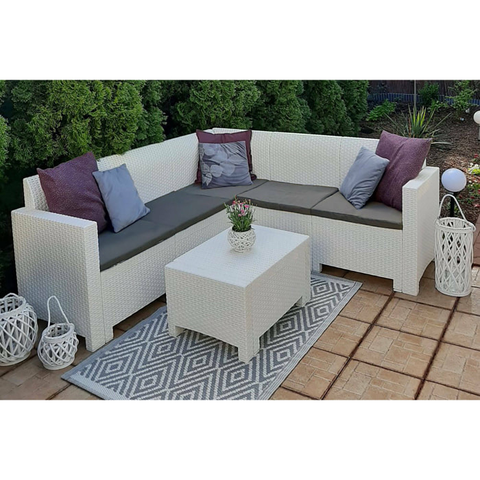 Set salotto da esterno Somnus, Set da giardino con cuscini, Salottino indoor e outdoor effetto rattan, 100% Made in Italy, Bianco