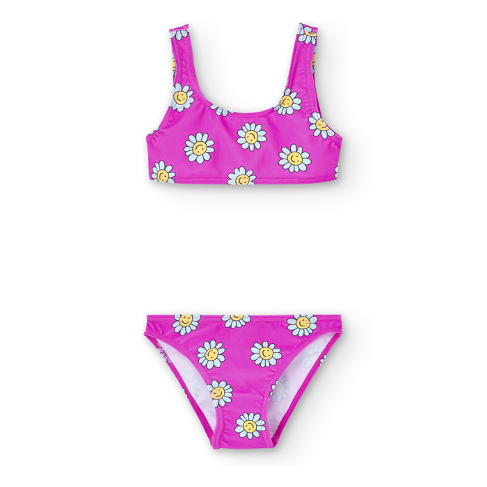 Bikini estampada niña, decoración de flores, color rosa