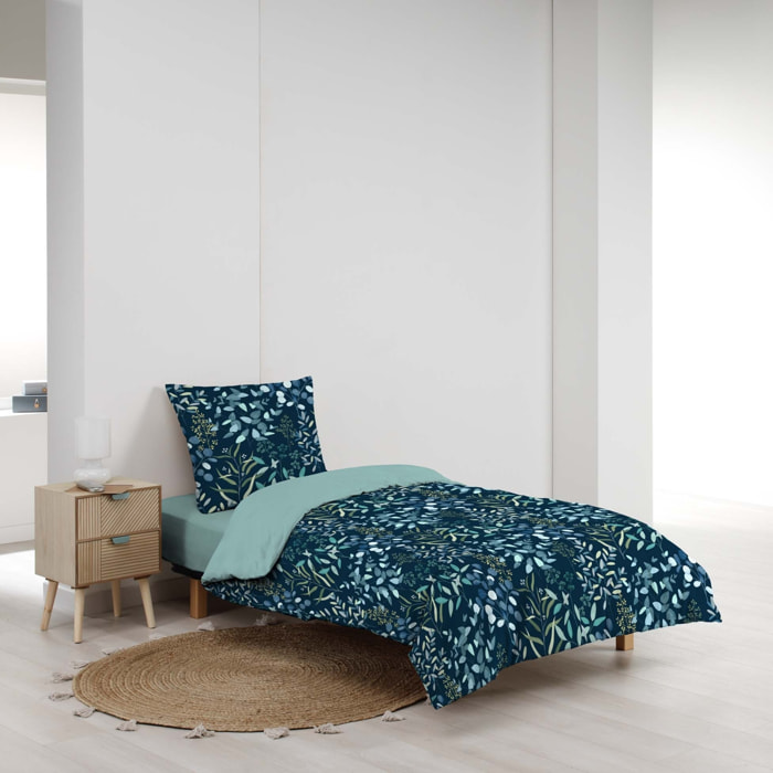 Parure de lit 2 pièces 100 % coton imprimé à motif végétal housse + taie - Bleu