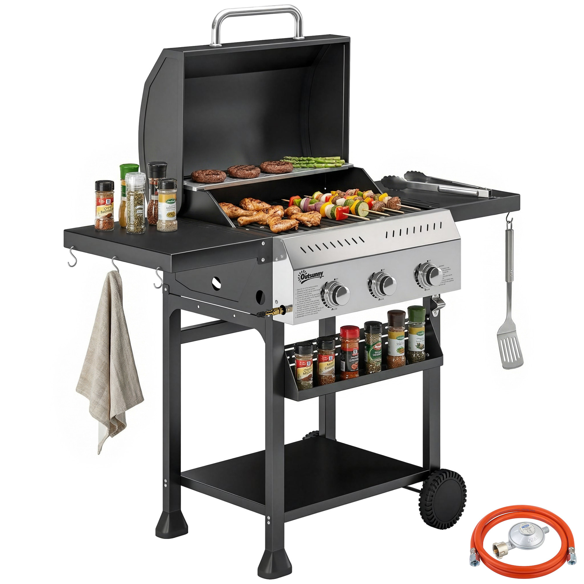 Barbacoa de Gas BBQ Gas con 3 Quemadores 9 kW Barbacoa Portátil con Termómetro Mesas Laterales Plegables Estante Rejilla Calentadora Especiero Parrilla Recogedor Grasa 2 Ruedas Ganchos Negro