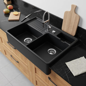 Evier 2 bacs timbre office Tradition Pure Black CeramicPlus avec vidage automatique