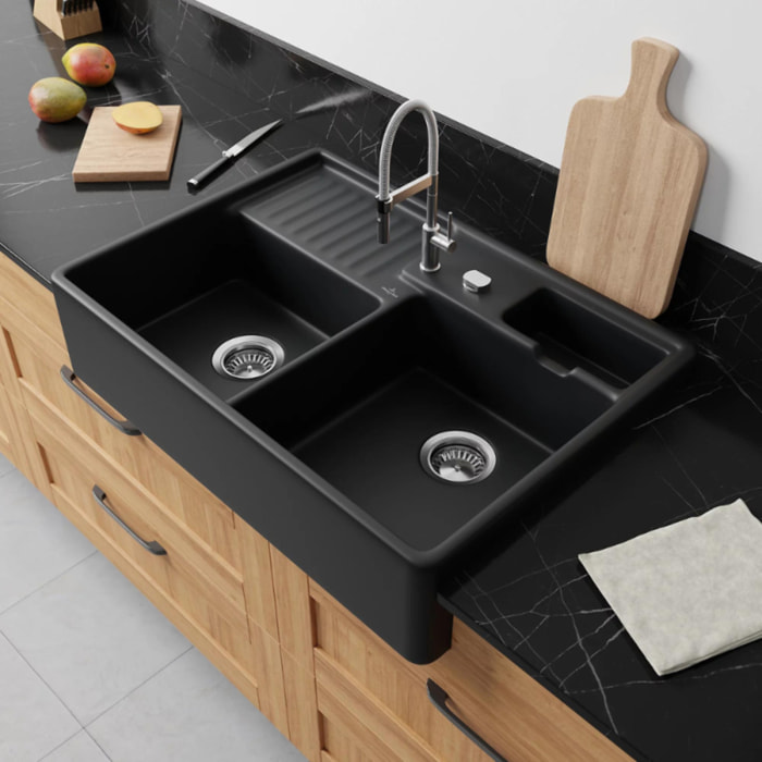 Evier 2 bacs timbre office Tradition Pure Black CeramicPlus avec vidage automatique