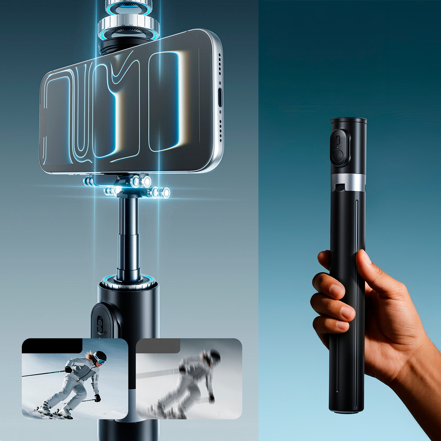 Bastone per selfie estensibile fino a 1,7 m con funzione treppiedi e telecomando.