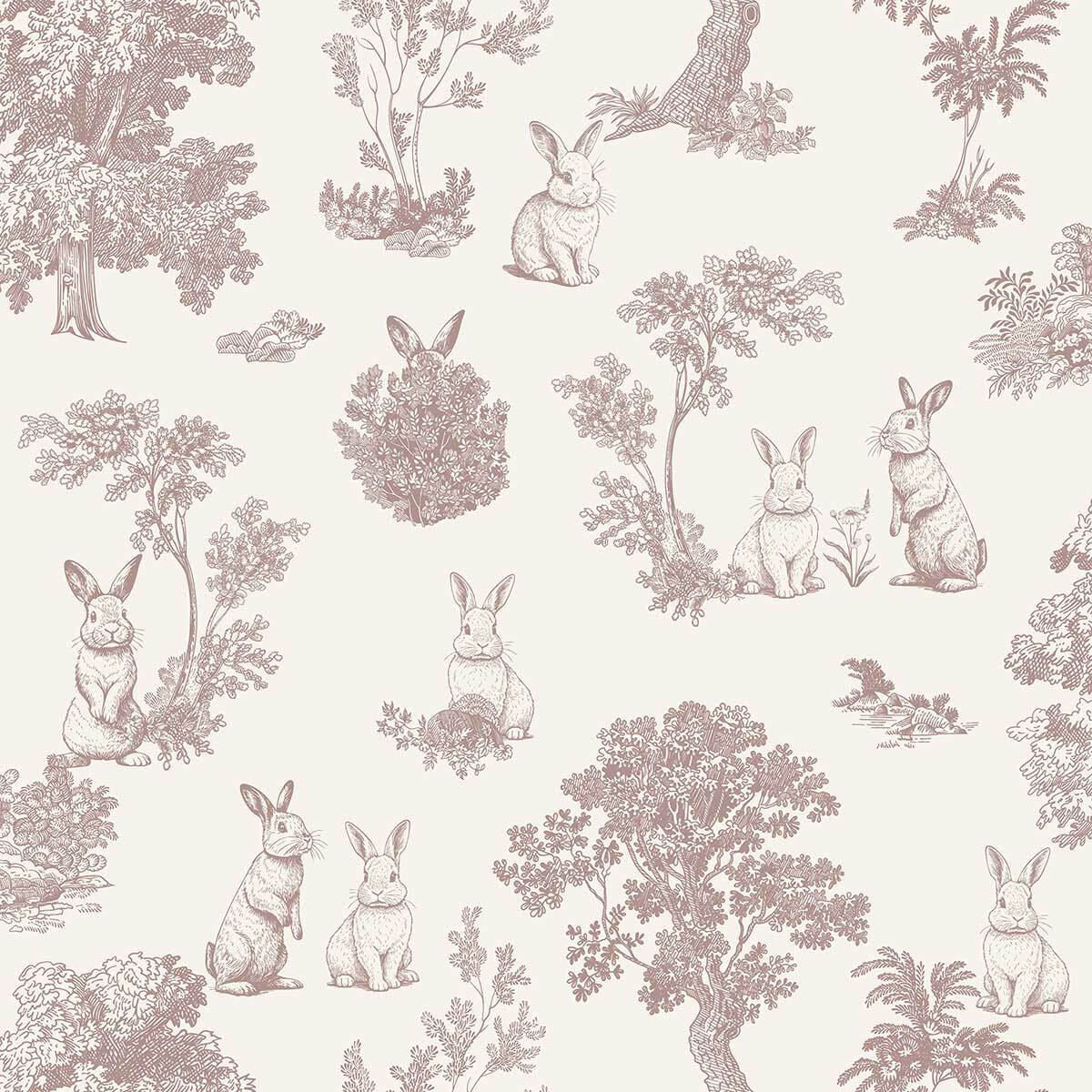 Papier peint lapin toile de Jouy rose blanc