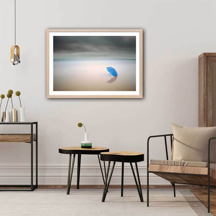 Poster parapluie bleu Affiche + cadre en bois - Chêne