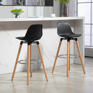Tabourets de bar style scandinave - lot de 2 tabourets de bar avec repose-pieds - piètement bois de hêtre assise PU noir