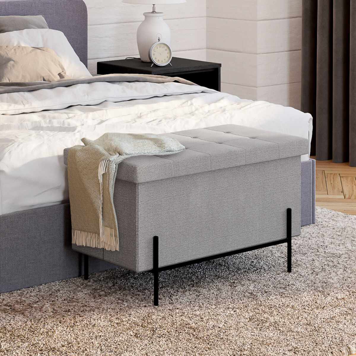 Banc coffre avec pieds noirs Loan en tissu gris 76cm