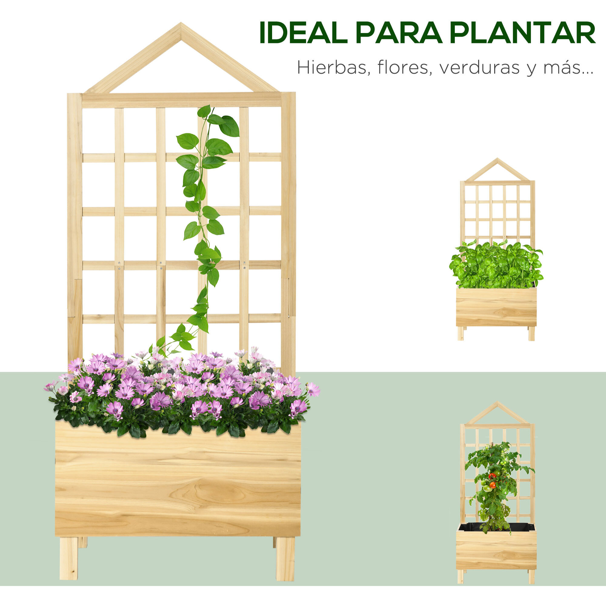 Jardinera de Madera con Enrejado Jardinera con Celosía Arriate de Jardín con Tela no Tejida y 2 Orificios de Drenaje para Cultivos Verduras Flores 60x43x147 cm Natural