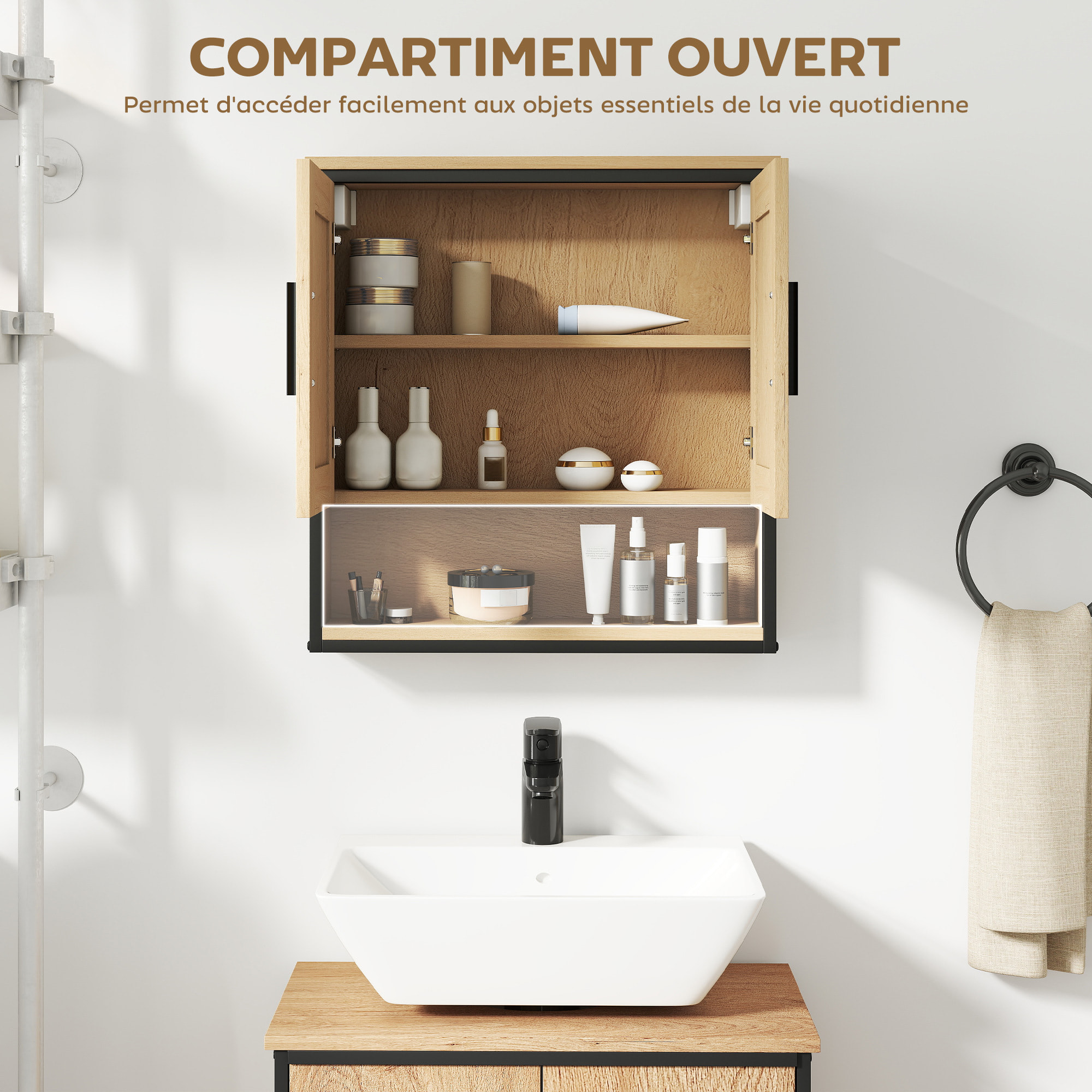 Armoire miroir murale salle de bain - 2 portes, étagère, niche - acier noir effet bois