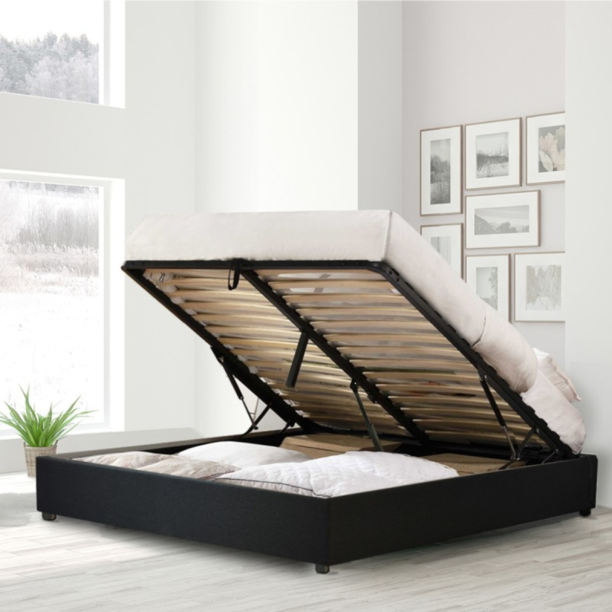 Lit coffre Futura | Ouverture électrique avec télécommande | Espace de stockage jusqu'à 900 L | Tissu | Gris foncé