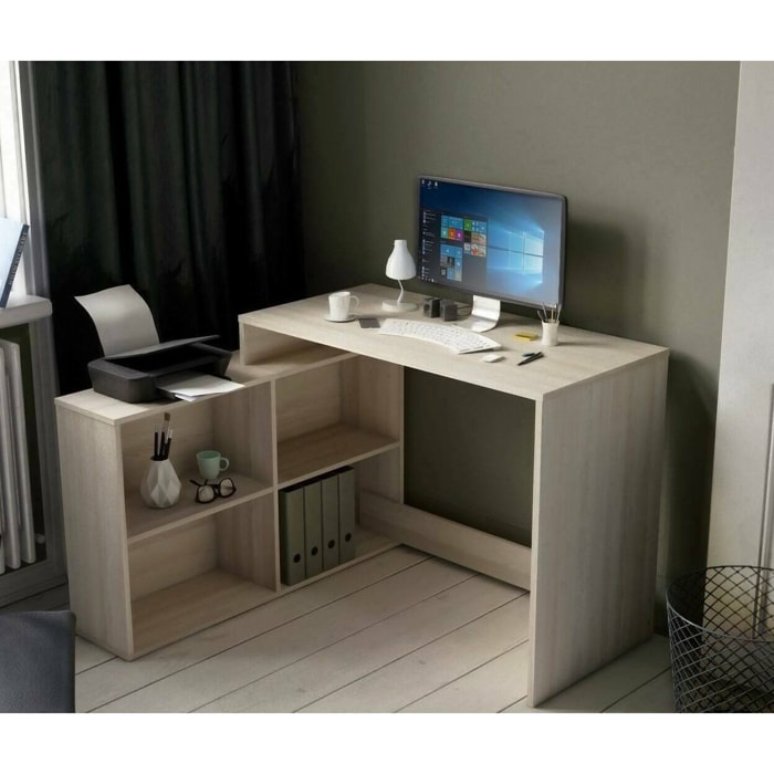 Scrivania Kyarr, Scrittoio multiuso, Tavolo per ufficio porta PC, Piano di lavoro, 112x101 h77 cm, Rovere e Bianco