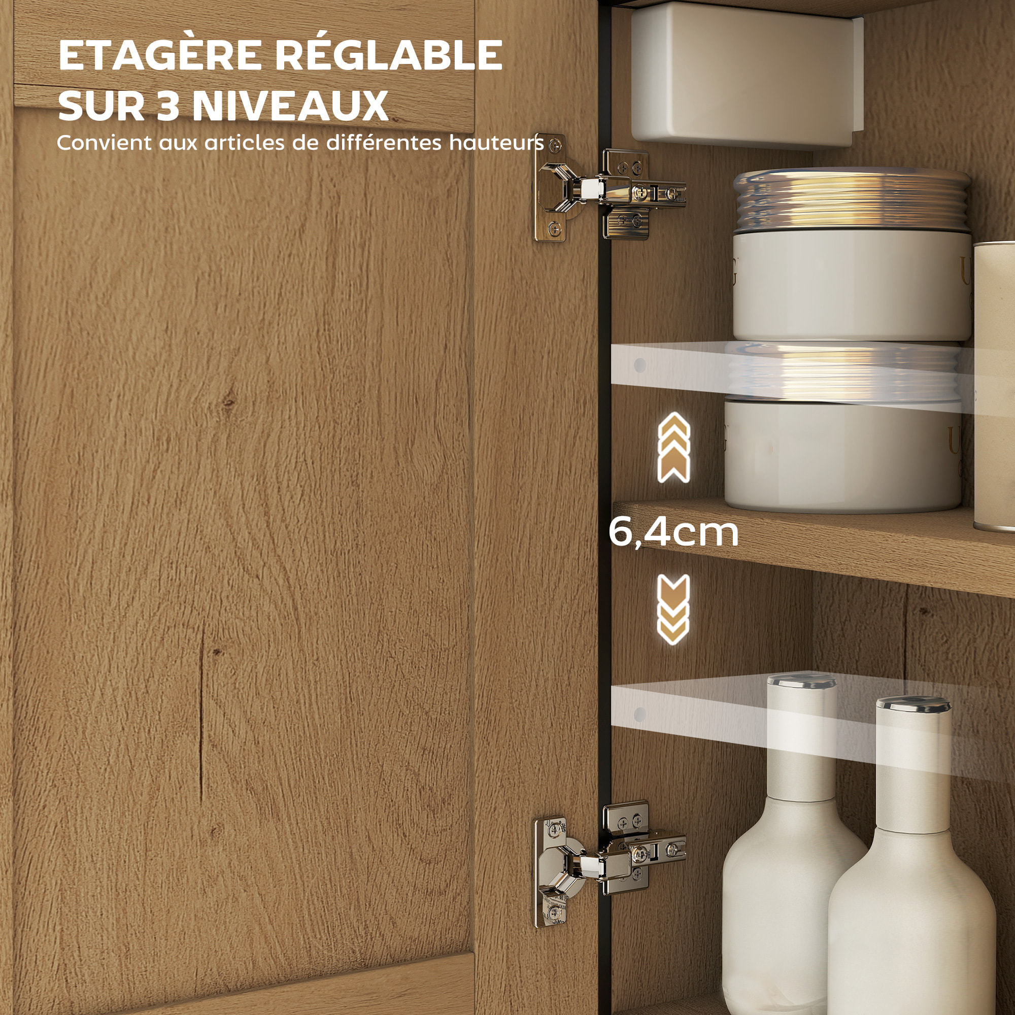 Armoire miroir murale salle de bain - 2 portes, étagère, niche - acier noir effet bois