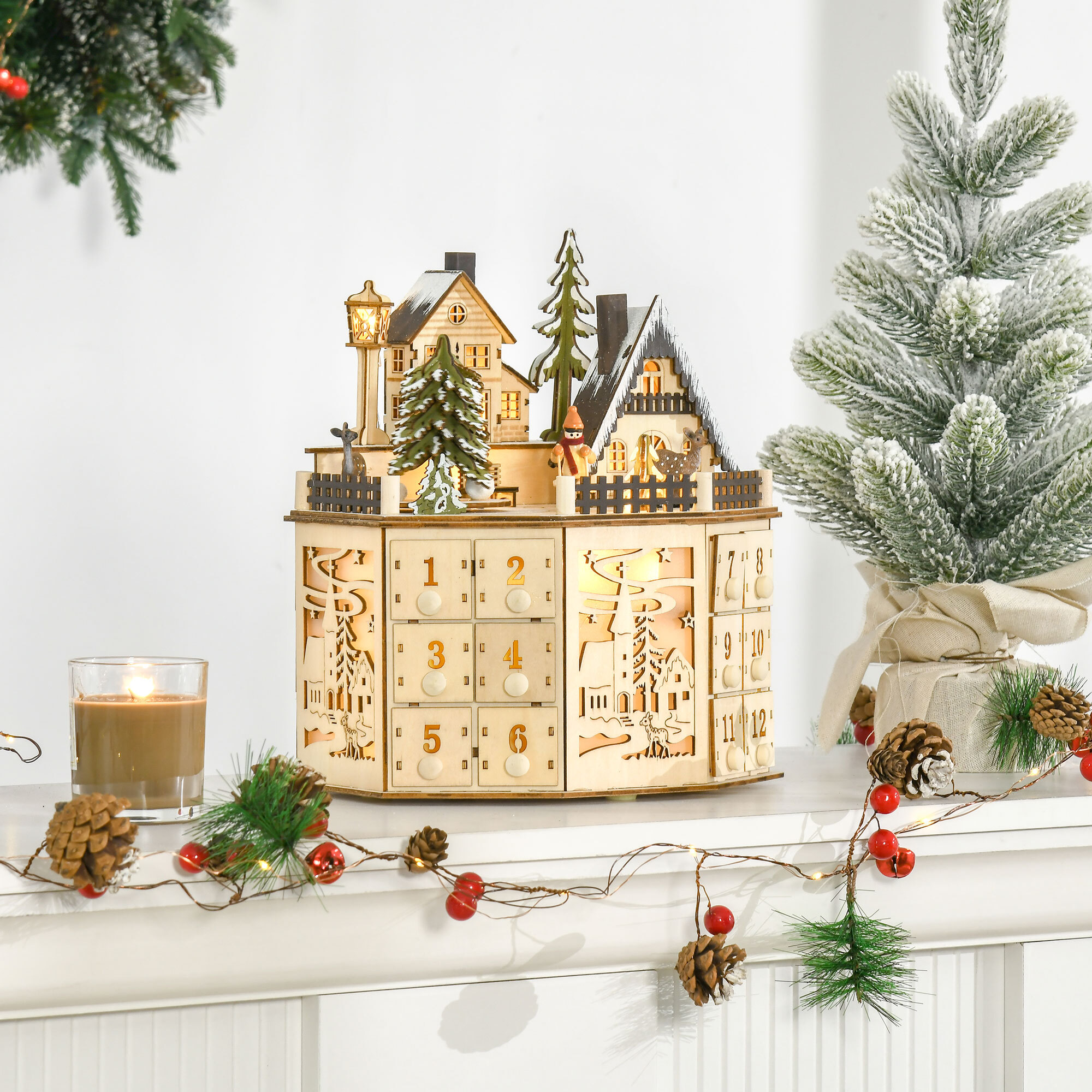 HOMCOM Calendario de Adviento para Rellenar de Madera, con Luces LED y 24 Cajones, Calendario de Adviento de Navidad Reutilizable con Escena de Pueblo, Decoración Navideña, 25x20x29 cm, Natural