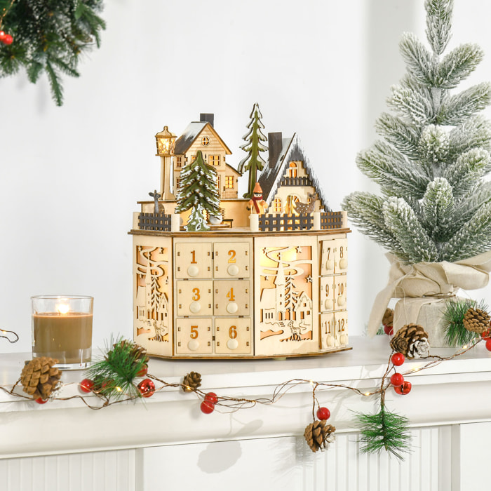 HOMCOM Calendario de Adviento para Rellenar de Madera, con Luces LED y 24 Cajones, Calendario de Adviento de Navidad Reutilizable con Escena de Pueblo, Decoración Navideña, 25x20x29 cm, Natural