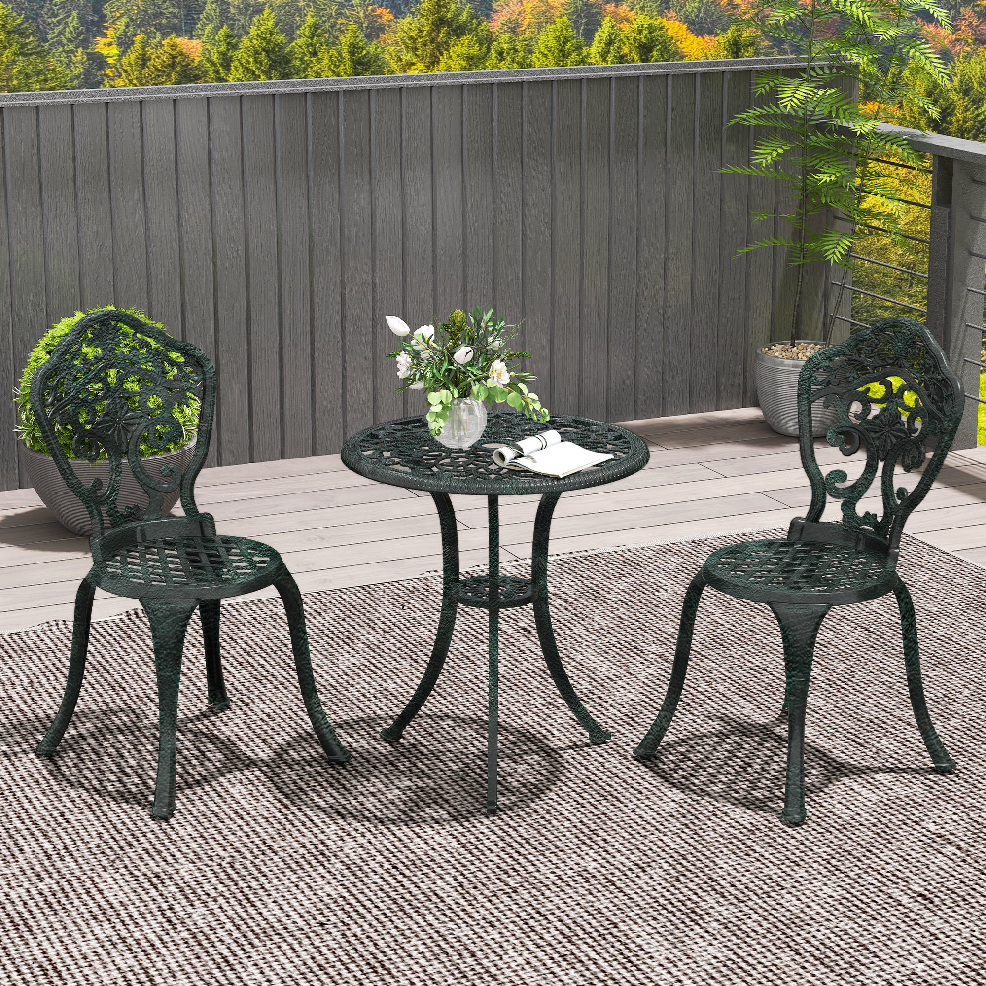 Ensemble bistrot de jardin 2 personnes 3 pièces aluminium aspect fer forgé noir vieilli vert