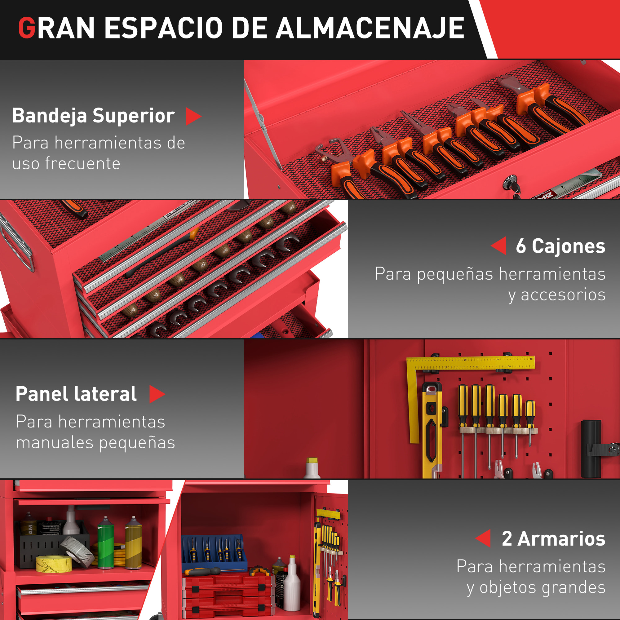 Carro de Herramientas con 6 Cajones y Cerraduras, 3 en 1, Carro de Taller Móvil con Ruedas y Panel Lateral Perforado, Caja de Herramientas Desmontable de Acero, para Taller, Garaje, Rojo