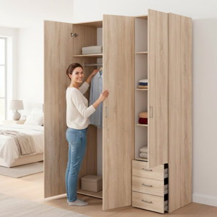 Armadio Con 3 Ante E 3 Cassetti Multiuso Per Abiti Indumenti Design Moderno Capiente Vano Appendiabiti Ripiani Interni 115.8 x 49.5 x 200.4 Cm Rovere