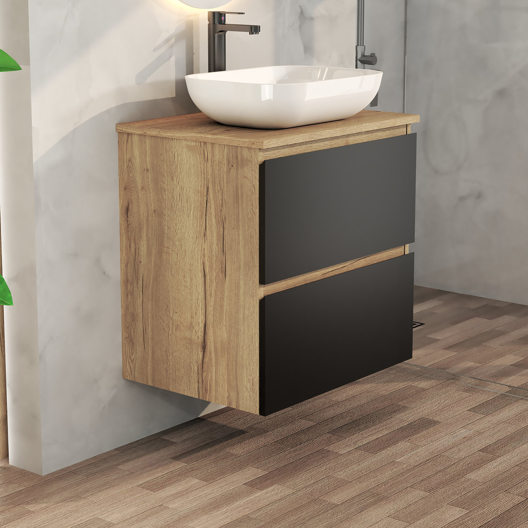 CONJUNTO DE BAÑO NIA | MUEBLE SUSPENDIDO | 60 CM NEGRO | DOS CAJONES | LAVABO SOBREPUESTO | NO INCLUYE ESPEJO | MUEBLE MONTADO| ALDAY