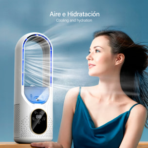 Ventilatore senza pale Y088. Con funzione di nebulizzazione, 6 velocità e timer fino a 6 ore. Serbatoio da 100 ml e luce ambientale a 7 colori.