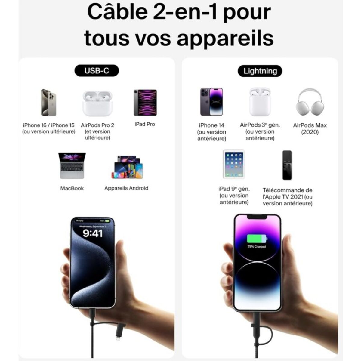 Adaptateur USB BELKIN 2-en-1 USB-C et Lightning 1m50 noi