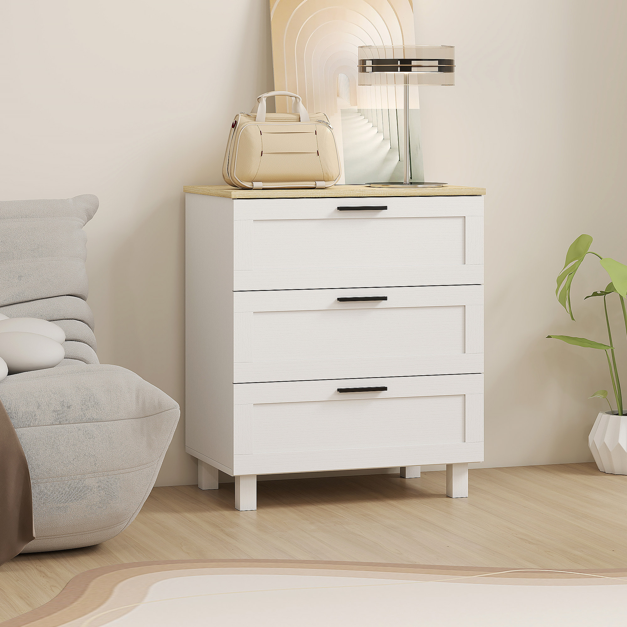 Cómoda Estrecha con 3 Cajones, Cómoda Dormitorio con Patas de Madera, Cajonera para Salón, Oficina, Estilo Moderno, 60x38x71 cm, Blanco