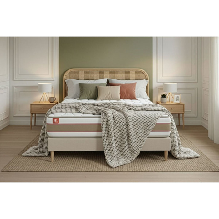 Pack Matelas Le Délicat - 26cm - Ressorts ensachés et mémoire de forme - Technologie hybride, fabrication responsable. - Sommier kit Beige - Avec couette et oreillers