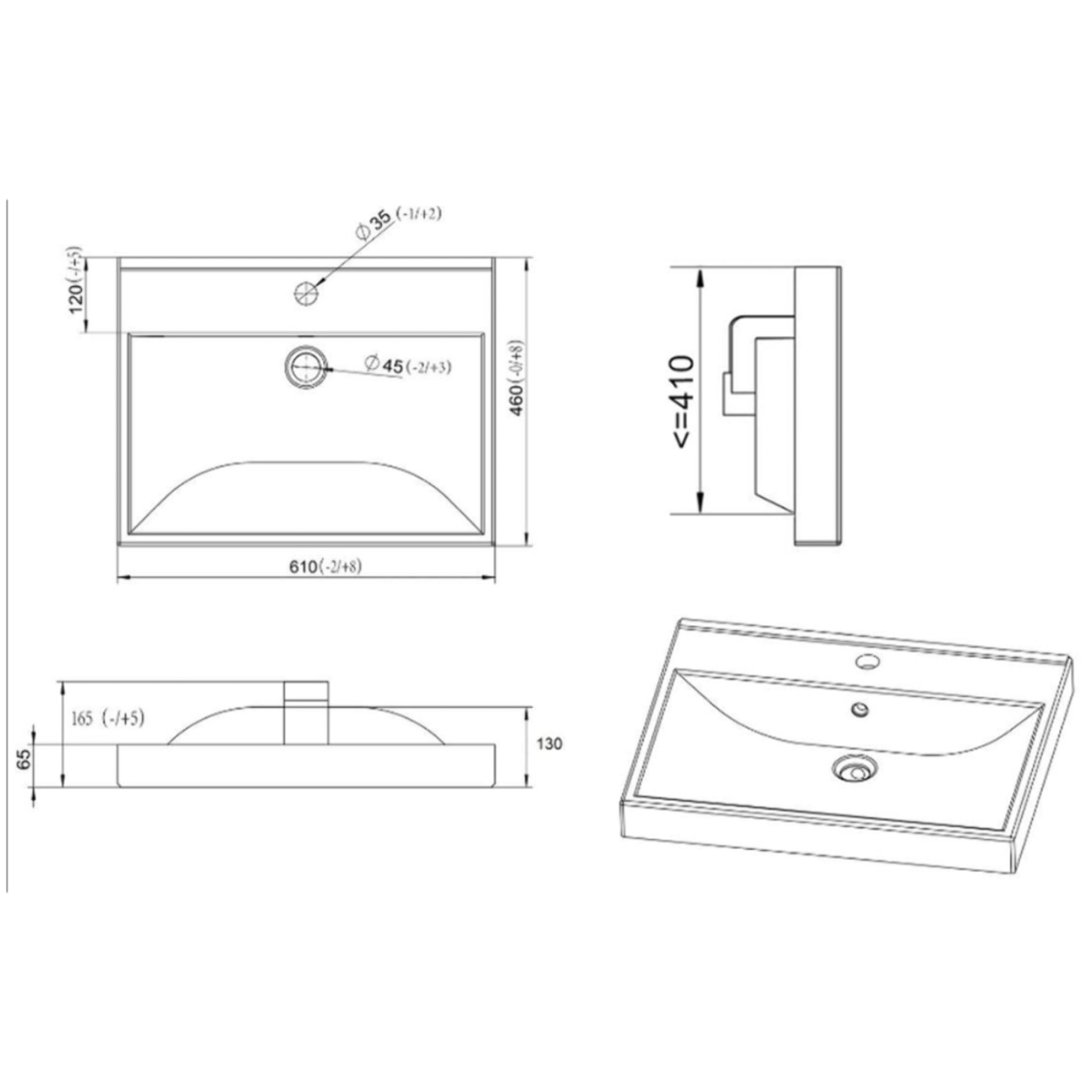 Stilla 61x46x6,5cm lavabo en céramique pour meubles, blanc (VERSO60)