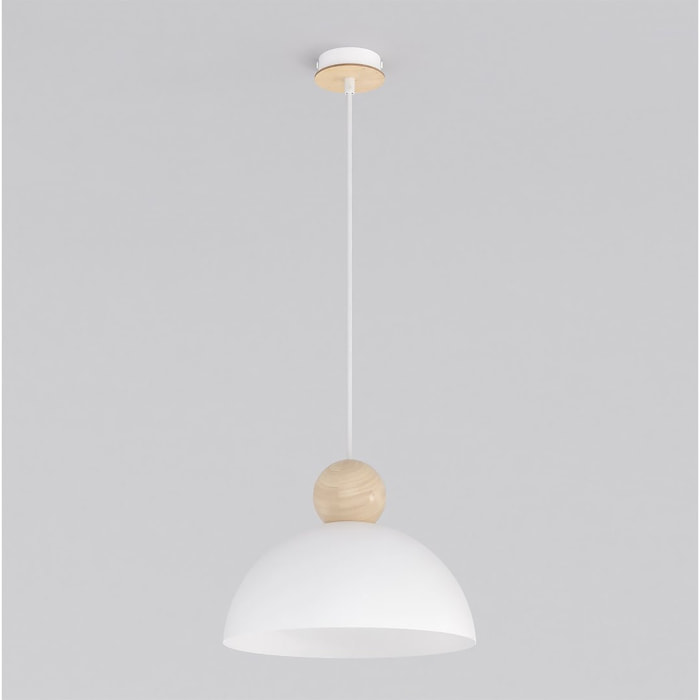 Lampada a sospensione KAKI in acciaio e legno bianco opaco