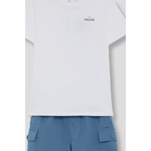 Conjunto Camiseta con Texto Paradise y Shorts Cargo con Bolsillos Laterales con Boton | Color: Azul medio | Street Monkey