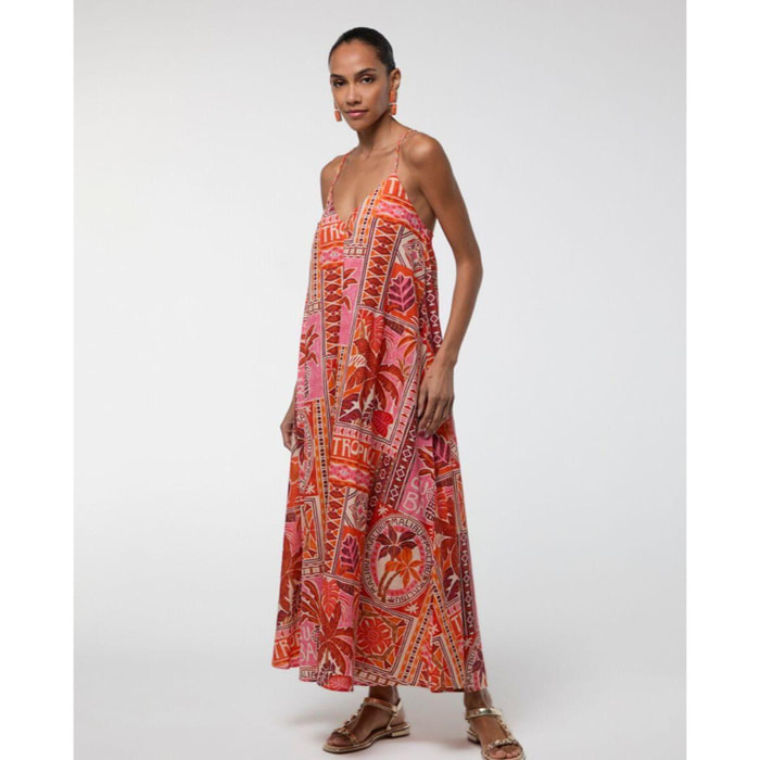 Abito lungo multicolore in lurex con stampa tropicale