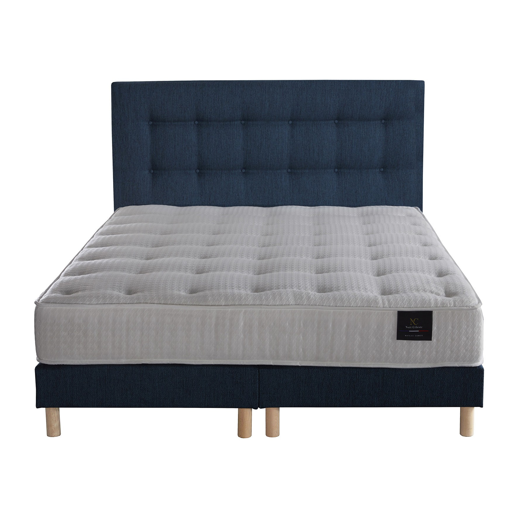 Ensemble Nova + tête de lit capitonnée - Matelas ressorts ensachés Mémoire de forme - Sommier Bleu Marine