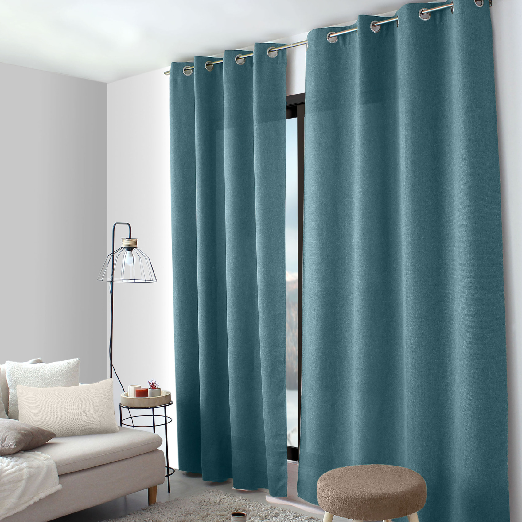 Rideau à oeillets en velours chenillé - Bleu Canard