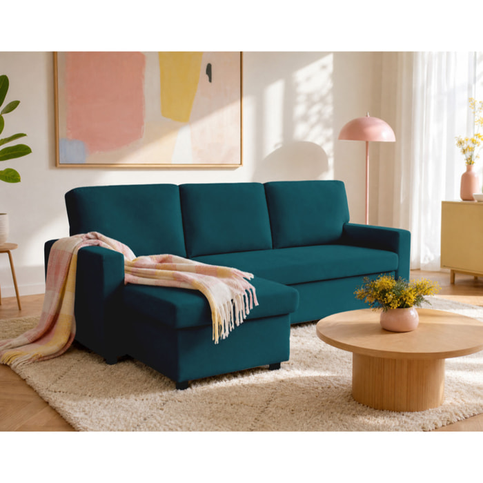 Meiya - canapé d'angle réversible 4 places convertible avec coffre en tissu - Bleu