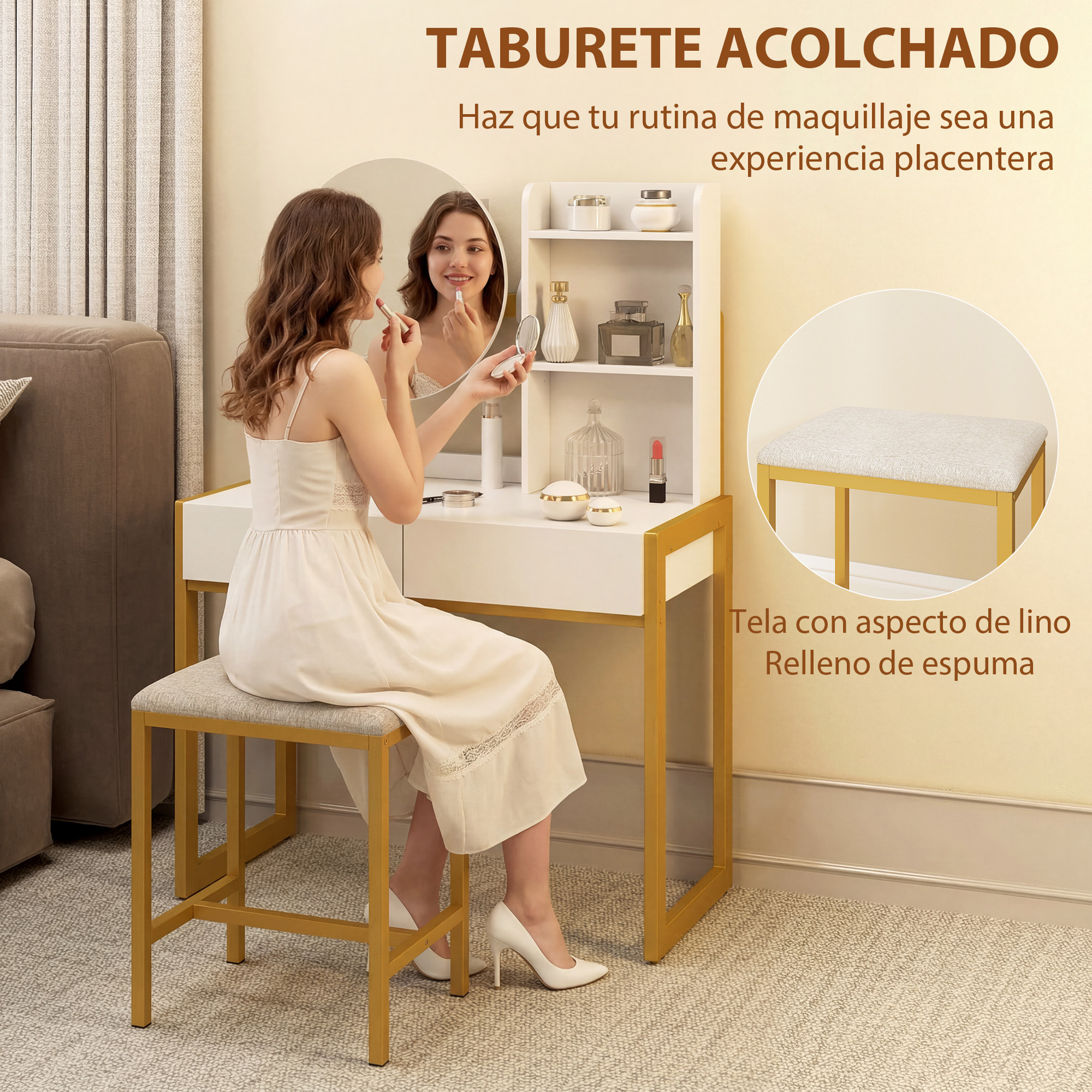 Tocador de Maquillaje con Espejo y Taburete Acolchado, Tocador con Estación de Carga, 2 Cajones, 3 Estantes Abiertos, Puerto USB, Estructura Metálica, para Dormitorio, Blanco