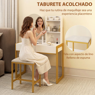 Tocador de Maquillaje con Espejo y Taburete Acolchado, Tocador con Estación de Carga, 2 Cajones, 3 Estantes Abiertos, Puerto USB, Estructura Metálica, para Dormitorio, Blanco