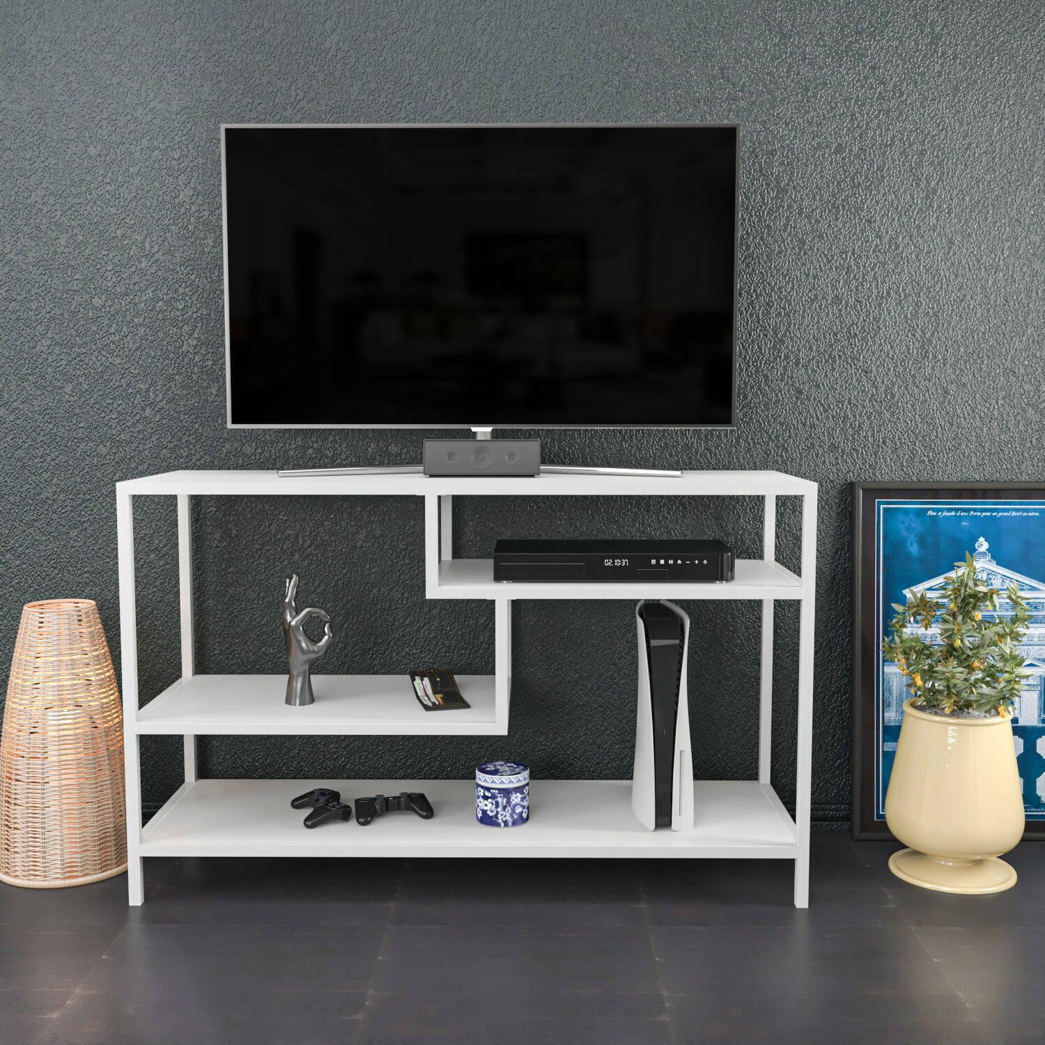 Mobile porta TV Dplizzar, Credenza da soggiorno, Armadio basso per TV, Base parete attrezzata, 120x39h75 cm, Bianco