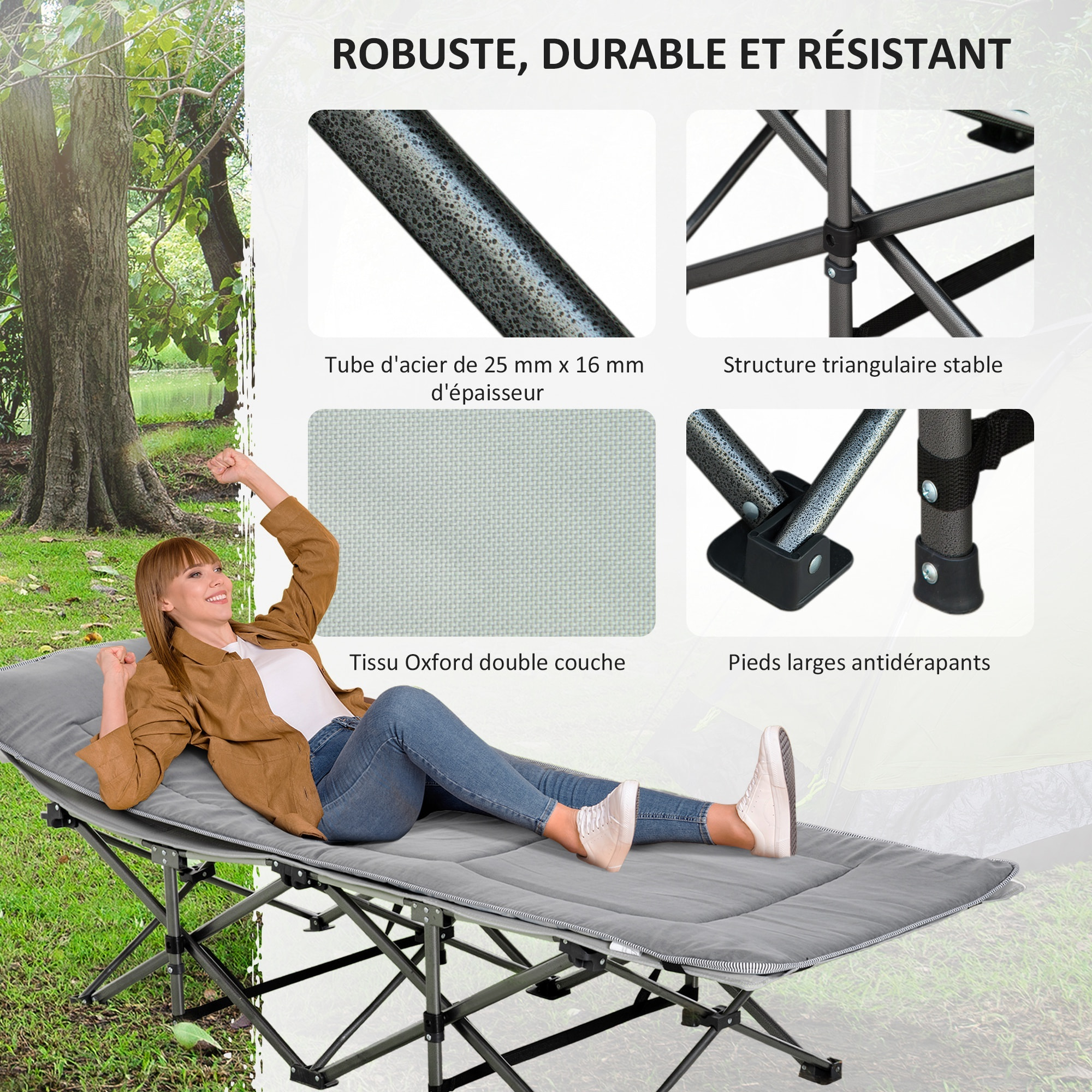 Lit de camp lit d'appoint pliable - pochette rangement, tétière, sac de transport, matelas inclus métal Oxford gris