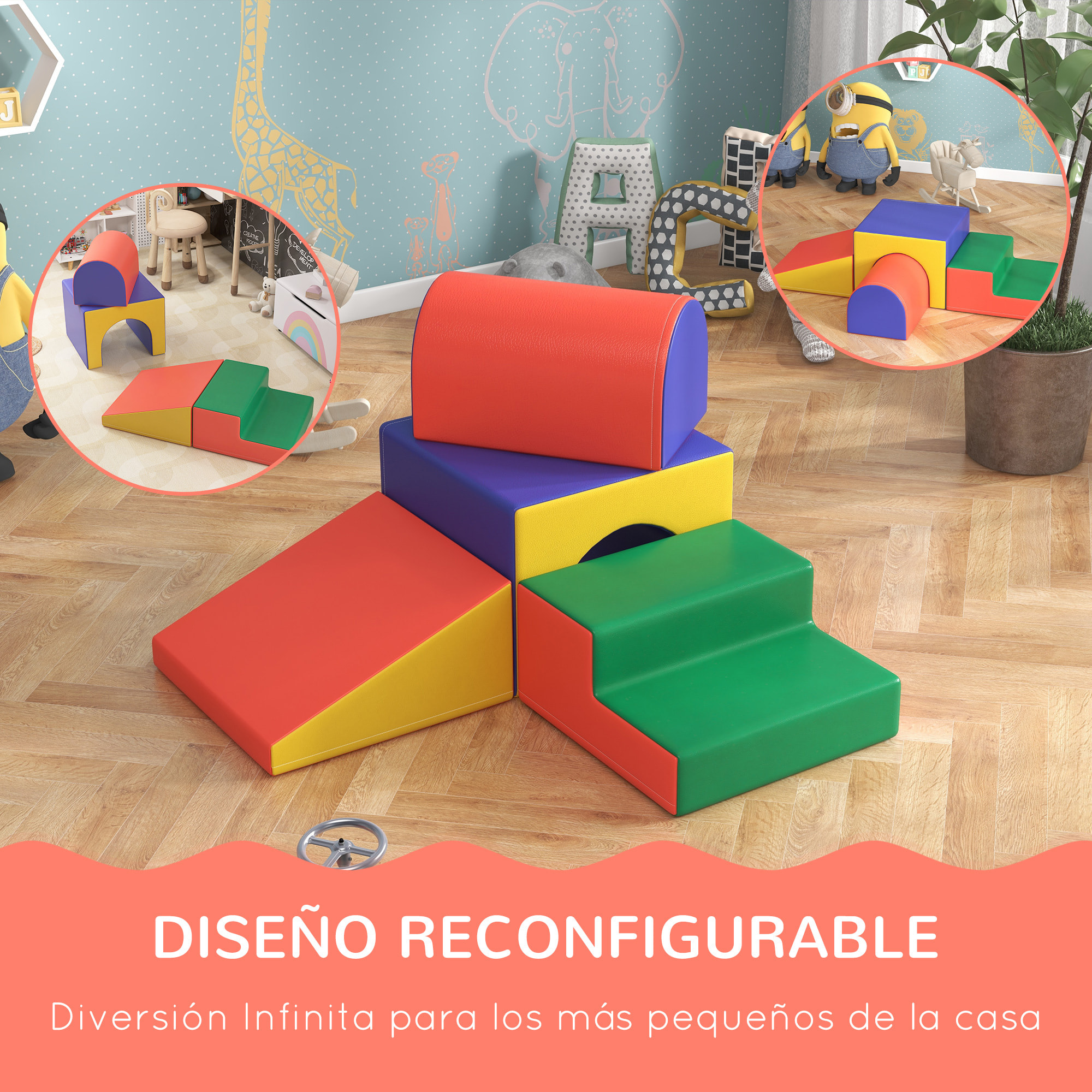 Juego de 4 Bloques de Espuma para Niños de 1-3 Años Figuras de Construcción Juguete para Aprendizaje Infantil Bloques Psicomotricidad Tapizados en PU 150x50x39 cm Multicolor