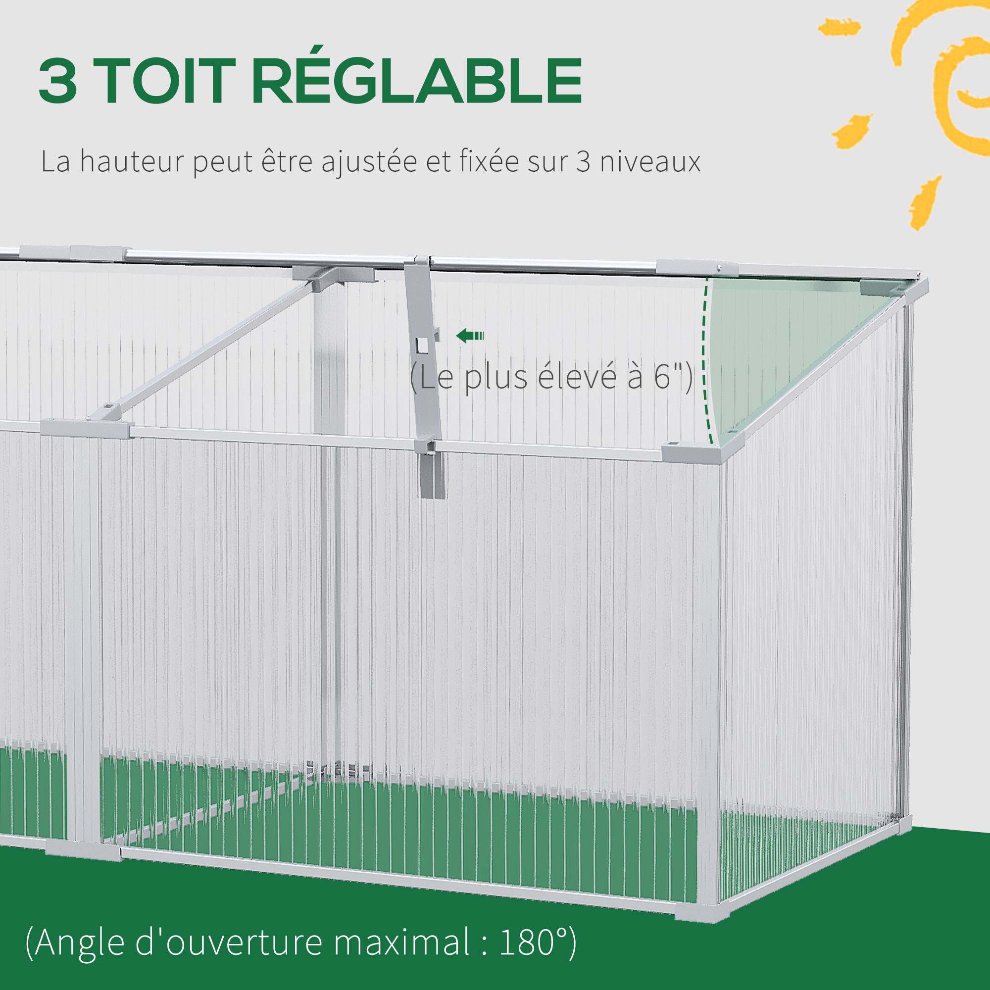 Mini serre de jardin serre à tomates 180L x 51l x 51H cm 3 pannneaux toits ouvrables alu. polycarbonate