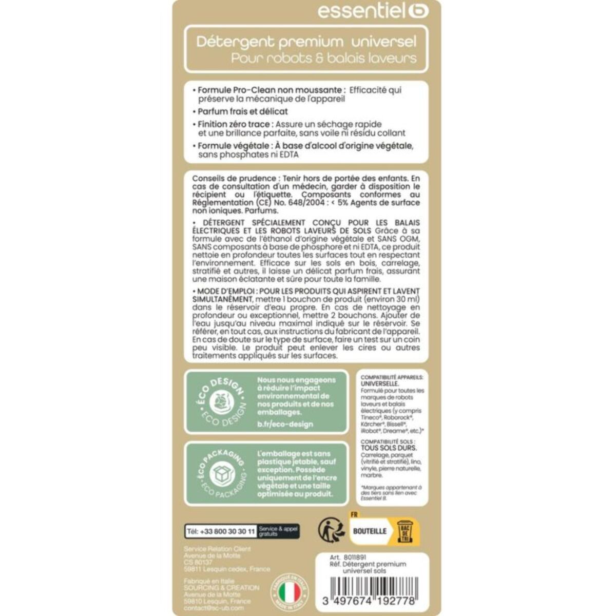 Détergent ESSENTIELB Liquide Nettoyant Sol Universel 1L pour Aspirateur Robot Laveur et Balai Laveur, Anti-Traces