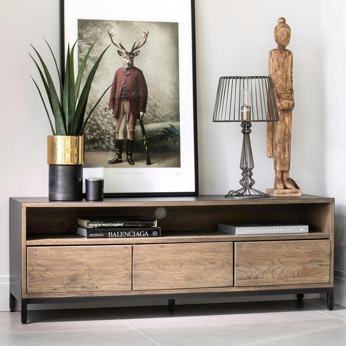 Meuble TV 140 cm chêne encadrement métal HUDSON