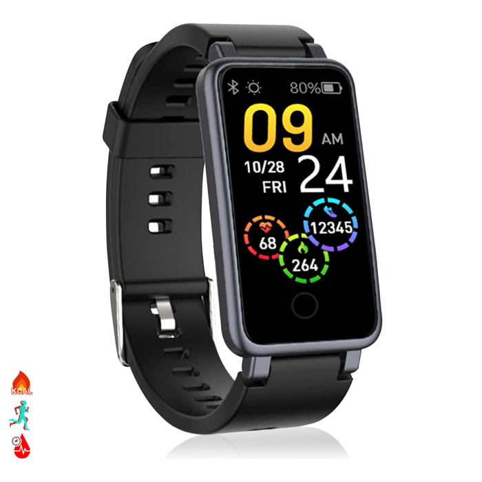 Brazalete inteligente C2 Plus con monitor cardiaco, presión sanguínea y notificaciones.