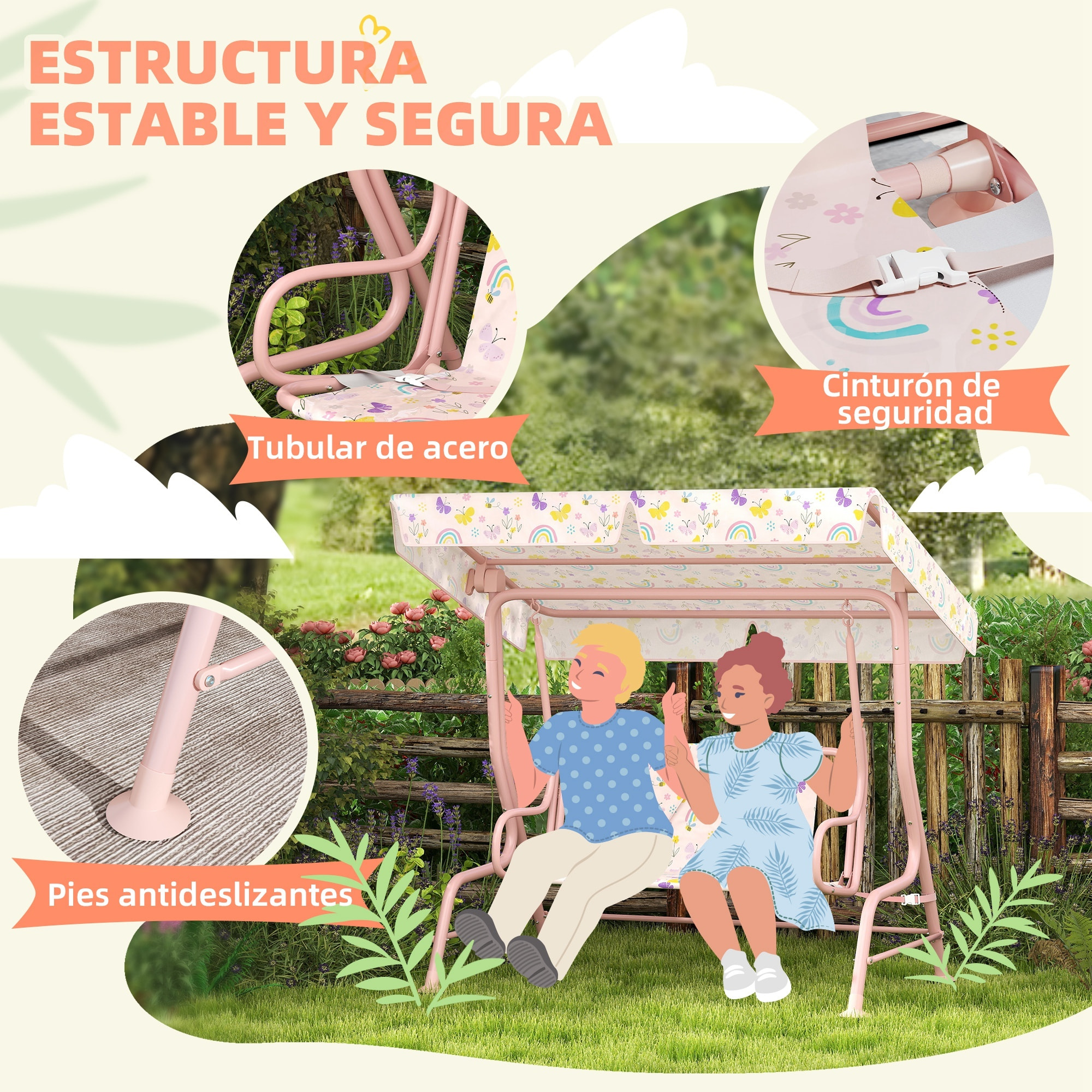 Columpio de Jardín Exterior para Niños de +3 Años Balancín de Jardín Exterior de 2 Plazas con Toldo Ajustable Arnés de Seguridad y Estampados Bonitos 112x75x120 cm Rosa